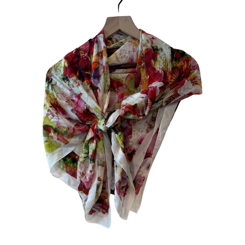 Rectangular 48"x50" Club Monaco Pink White Green Lime Floral 100% Silk Scarf